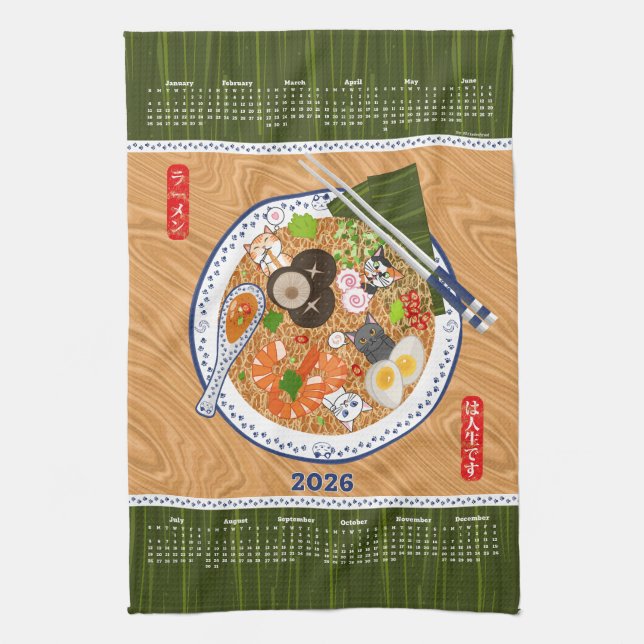 Funny Ramen Noodle Bowl 2026 Calendar Tea Towel (Vertical)