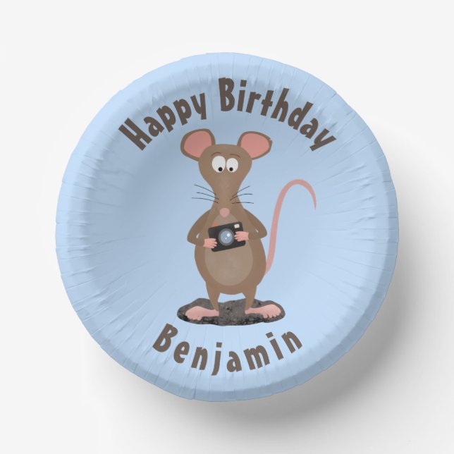 Funny rat and camera personalised birthday paper plate (Front)