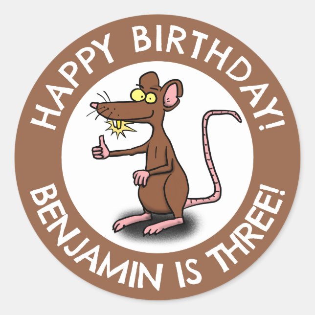 Funny rat thumbs up personalised cartoon birthday classic round sticker (Front)
