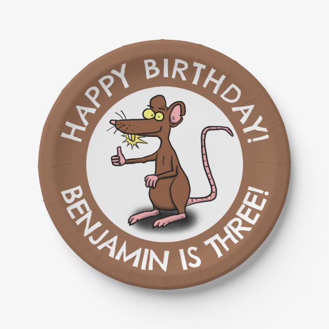 Funny rat thumbs up personalised cartoon birthday paper plate (Front)