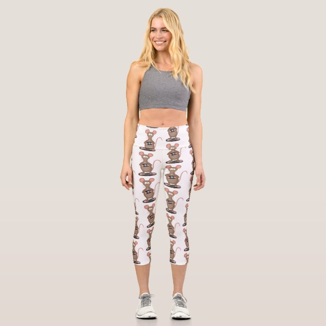 Funny rat with camera cartoon illustration capri leggings (Front)