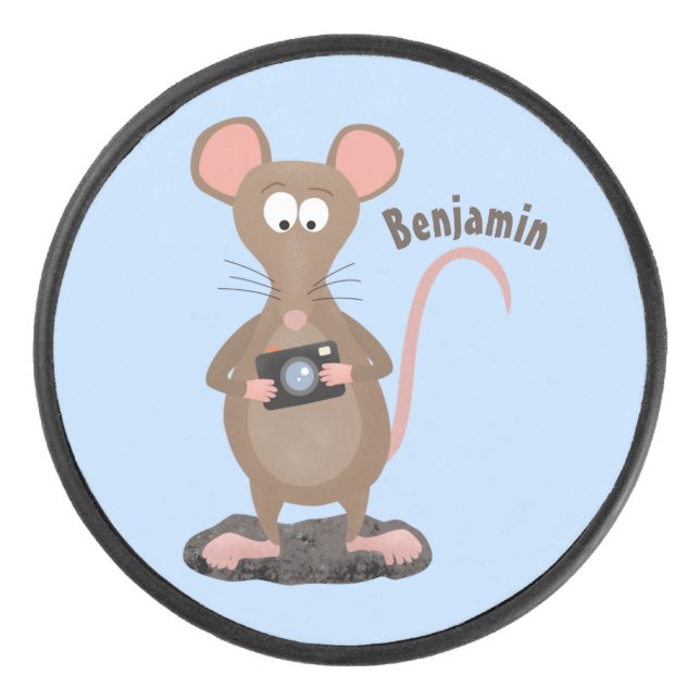 Funny rat with camera cartoon illustration hockey puck (Front)
