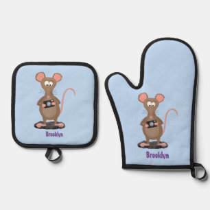 Funny rat with camera cartoon illustration oven mitt & pot holder set