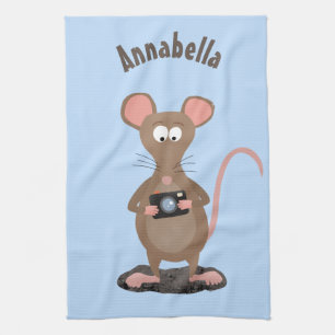 Funny rat with camera cartoon illustration tea towel