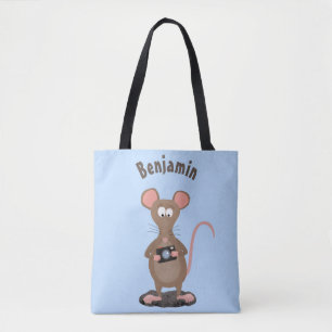Funny rat with camera cartoon illustration tote bag
