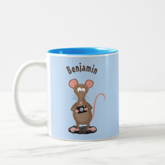 Funny rat with camera cartoon illustration Two-Tone coffee mug (Left)