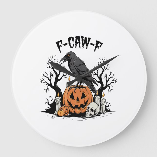 Funny Raven, F-Caw-F, Skull Raven, Gothic Crow Large Clock (Front)