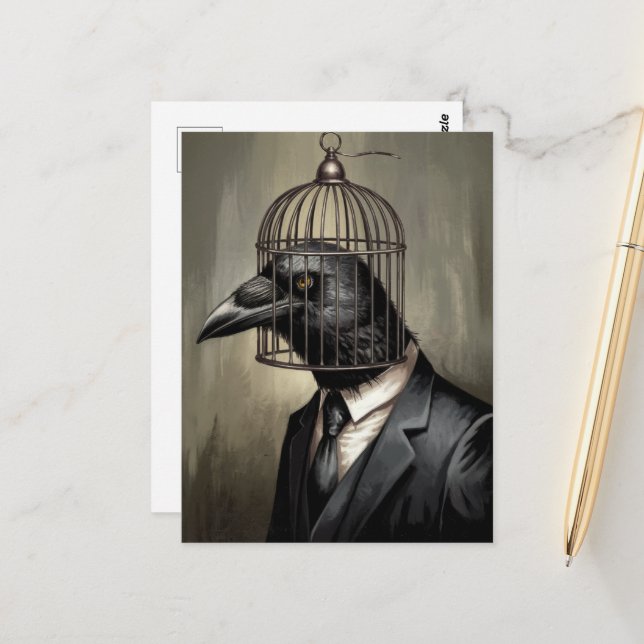 Funny Raven in a Business Suit With a Cage Head Postcard (Front/Back In Situ)