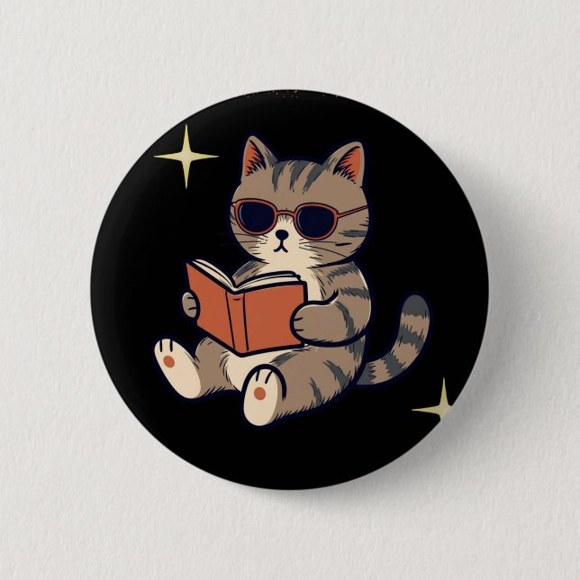 Funny Reading Cat 6 Cm Round Badge (Front)