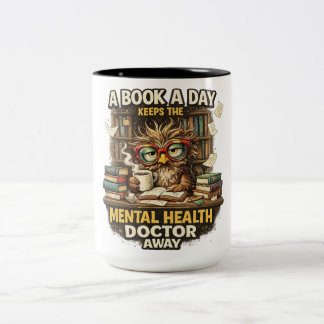 Funny reading owl book lovers mental health coffee Two-Tone coffee mug