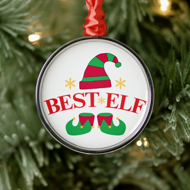 Funny Red and Green Best Elf Christmas  Metal Tree Decoration (Tree)