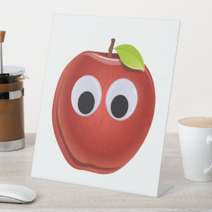 Funny Red Apple with Googly Eyes Pedestal Sign