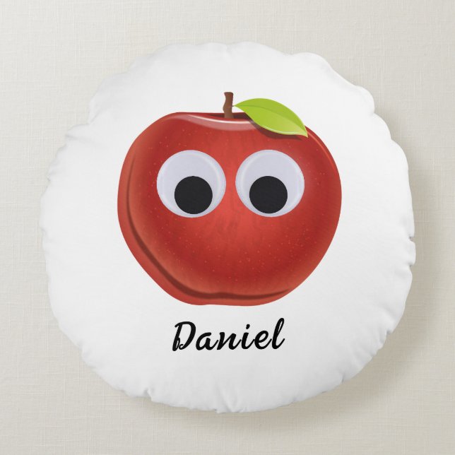 Funny Red Apple with Googly Eyes  Round Cushion (Front)