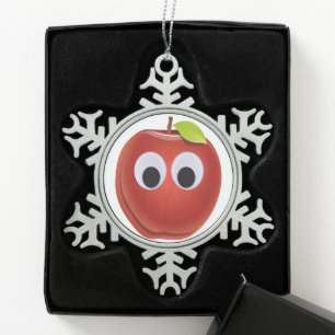 Funny Red Apple with Googly Eyes  Snowflake Pewter Christmas Ornament
