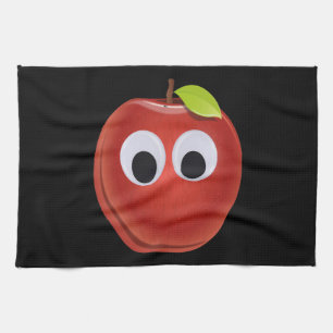 Funny Red Apple with Googly Eyes  Tea Towel