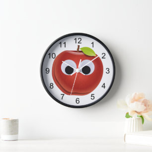 Funny Red Apple with Googly Eyes Wall Clock