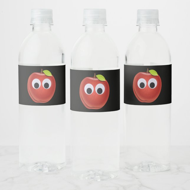 Funny Red Apple with Googly Eyes  Water Bottle Label (Bottles)