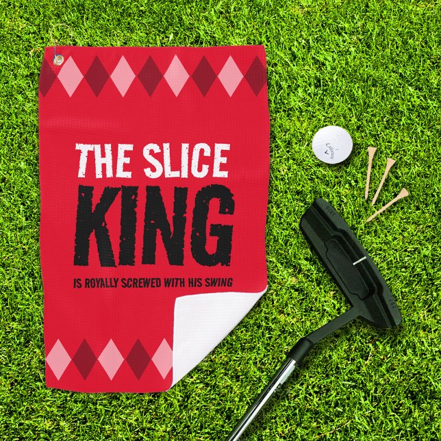 Funny Red Argyle The Slice King ... Golf Towel (The Slice King red argyle golf towel with putter, ball, and 3 tees on golf green)