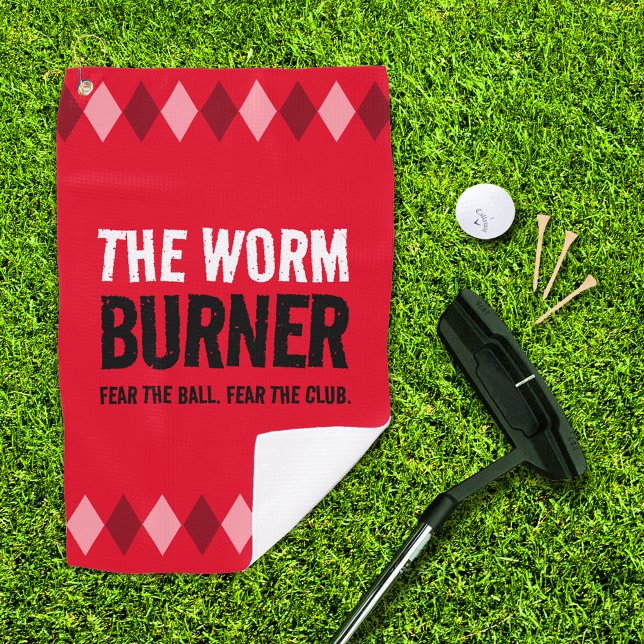Funny Red Argyle The Worm Burner ... Golf Towel (The Wormer Burner red argyle golf towel with putter, ball, and 3 tees on golf green)
