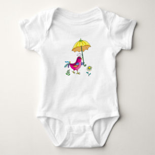 funny red bird with a yellow umbrella baby bodysuit