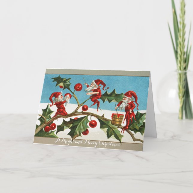 FUNNY RED CHRISTMAS ELVES,HOLLYBERRIES,MISTLETOES HOLIDAY CARD (Front)