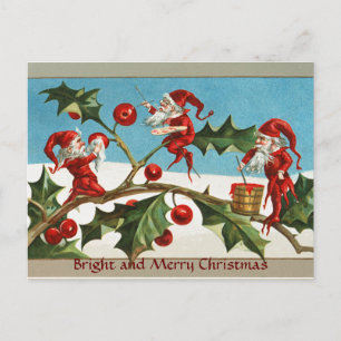 FUNNY RED CHRISTMAS ELVES,HOLLYBERRIES,MISTLETOES HOLIDAY POSTCARD