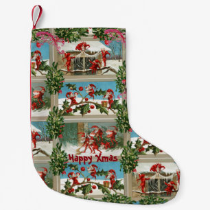FUNNY RED CHRISTMAS ELVES,HOLLYBERRIES,MISTLETOES SMALL CHRISTMAS STOCKING