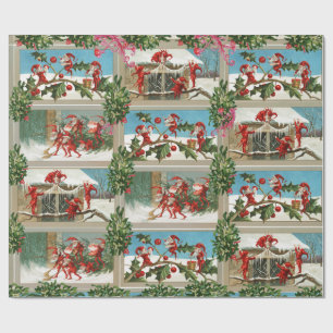 FUNNY RED CHRISTMAS ELVES,HOLLYBERRIES,MISTLETOES WRAPPING PAPER