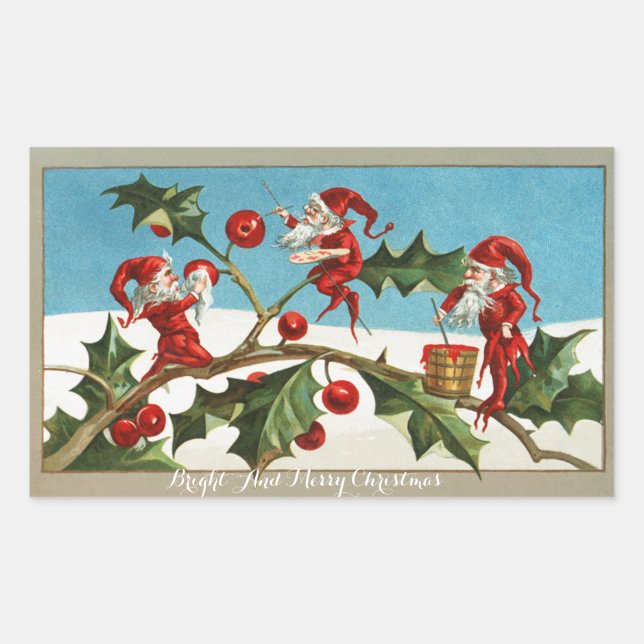 FUNNY RED CHRISTMAS ELVES PAINTING HOLLYBERRIES RECTANGULAR STICKER (Front)