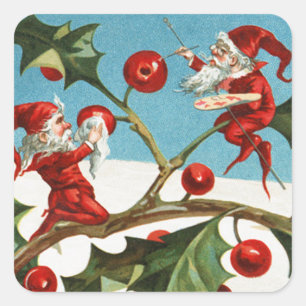 FUNNY RED CHRISTMAS ELVES PAINTING HOLLYBERRIES SQUARE STICKER