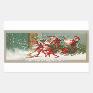 FUNNY RED CHRISTMAS ELVES SWEEPING IN THE SNOW RECTANGULAR STICKER