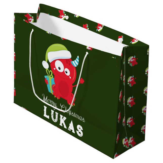 Funny Red Christmas Monster Kids Holiday Large Gift Bag (Front Angled)