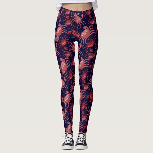 Funny Red Crab, Crawfish Nautical Ocean  Leggings (Front)