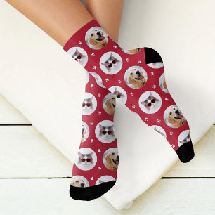 Funny Red Custom 2 Pet Photo Paw Print Socks
