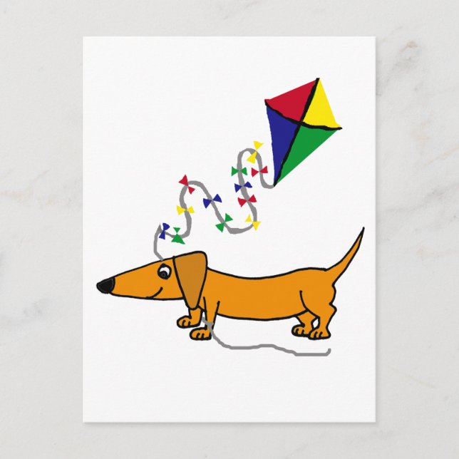 Funny Red dachshund Flying Kite Cartoon Postcard (Front)