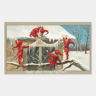 FUNNY RED ELVES AND CHRISTMAS DECOR WITH ICICLES RECTANGULAR STICKER