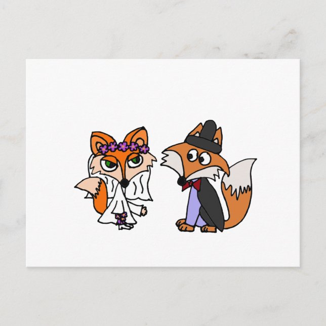 Funny Red Fox Bride and Groom Wedding Art Postcard (Front)