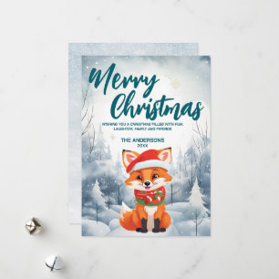 Funny Red fox Merry Xmas tree snow Holiday party Card