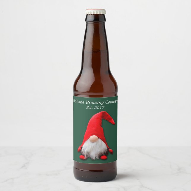Funny Red Gnome Christmas Beer Bottle Label (Front)