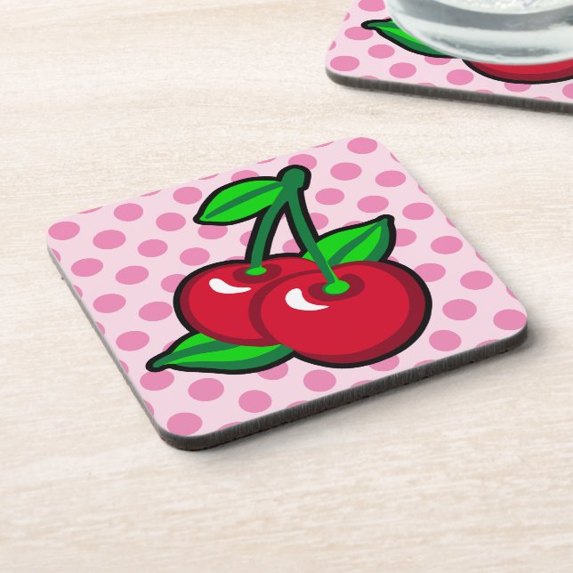 Funny Red Green Black Pink Cherries Fruit Pop Art Coaster (Left Side)