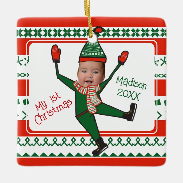 Funny Red Green Elf My First Christmas Custom Ceramic Ornament (Front)
