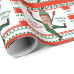 Funny Red Green Elf My First Christmas Custom Wrapping Paper<br><div class="desc">Funny elf drawing dancing,  on a very festive green and red holiday pattern as background. Upload a cropped photo of face,  a no background or white background photo or passport style photo work best.  

Placeholder photo credit: Adam Winger,  from Unsplash. Thank you</div>