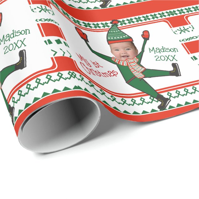 Funny Red Green Elf My First Christmas Custom Wrapping Paper (Roll Corner)