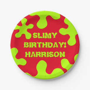 Funny red green slime custom name birthday paper plate
