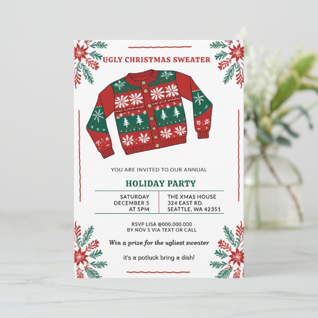 Funny Red Green Ugly Christmas Sweater Party Invitation (Standing Front)