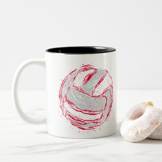 Funny Red Grey Volleyball Design - Gift for Coach Two-Tone Coffee Mug (With Donut)