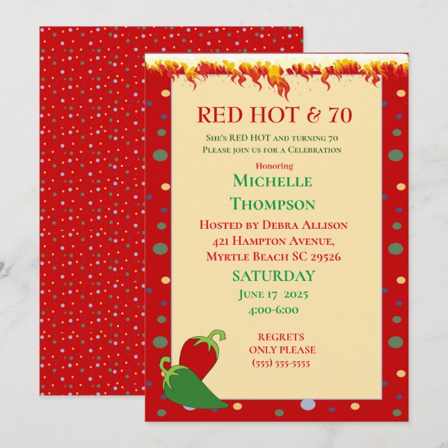 Funny Red Hot 70th  Birthday Invitations (Front/Back)