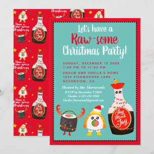Funny Red Kawaii Sushi Festive Christmas Party Invitation