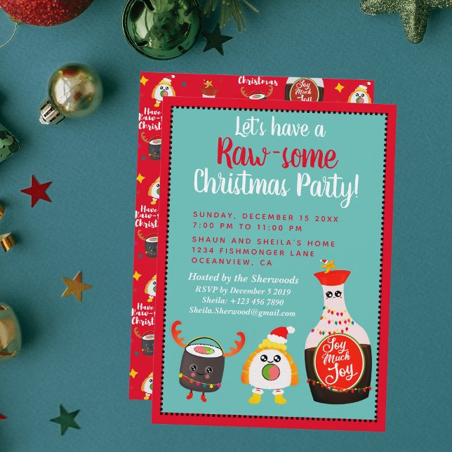 Funny Red Kawaii Sushi Festive Christmas Party Invitation (Creator Uploaded)