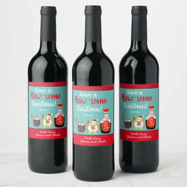 Funny Red Kawaii Sushi Pun Merry Christmas Holiday Wine Label (Bottles)